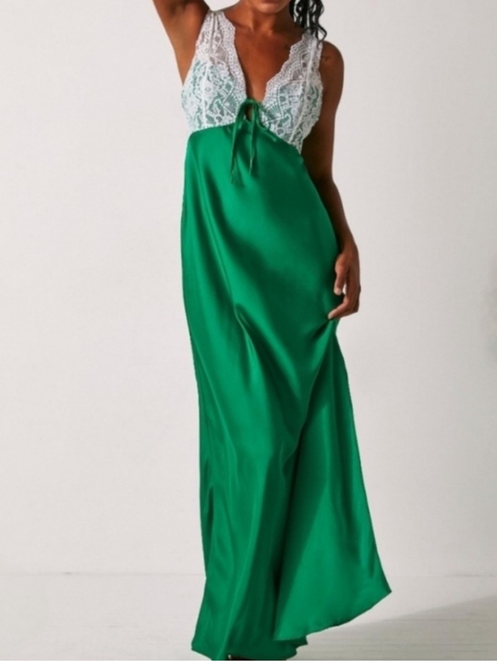 Free People FP Women’s Countryside White Green Satin Maxi Slip Dress Size Large